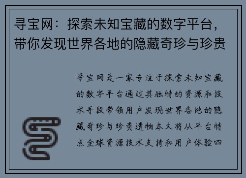 寻宝网：探索未知宝藏的数字平台，带你发现世界各地的隐藏奇珍与珍贵遗物